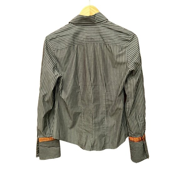 Flatiron Workshop Black Gray White Striped Button-Up Shirt Sz 1 Embroidered Trim - Picture 4 of 7